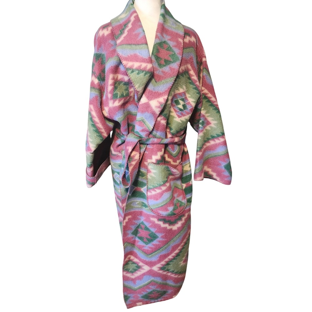 Vintage Cypress Aztec Geometric Fleece Robe Pink Green Shawl Collar Belted